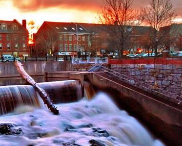 downtown Dover, NH, falls at Millyard, at sunset